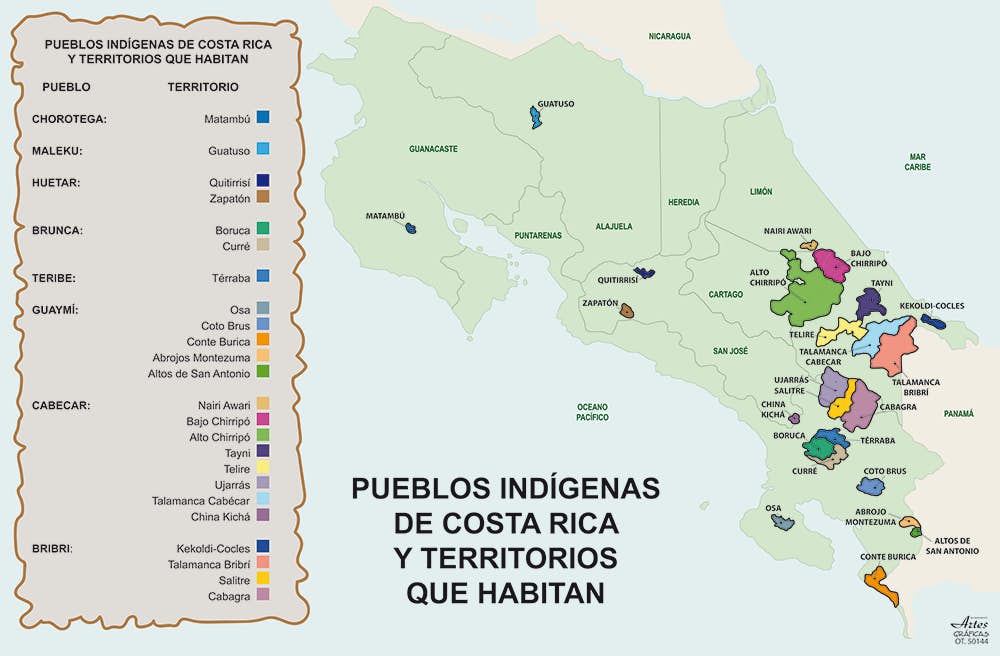 Mapa de Territorios Indígenas en Costa Rica (2019) URL: https://ministeriopublico.poder-judicial.go.cr/images/Documentos/FAI/mapa-territorios-indigenas-costa-rica-2019.png. Accedido el 14 agosto de 2023.